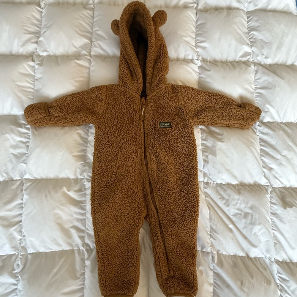 Eddie Bauer Baby Bear Sherpa Bunting 12M Brown Hooded One-Piece